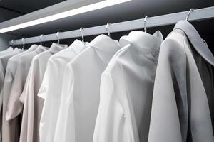 AI generated clothes hanging on rail in white wardrobe with boxes. Neural network AI generated photo