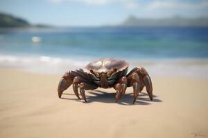 AI generated close-up of a crab without claw on the seashore in the morning. Neural network AI generated photo