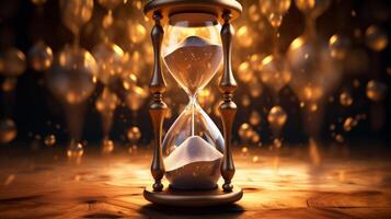 AI generated Sand running through the bulbs of an hourglass measuring the passing time in a countdown to a deadline, on a dark background. Neural network AI generated photo