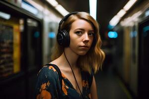 ai generado joven niña con auriculares en el subterraneo escuchando música. neural red ai generado foto