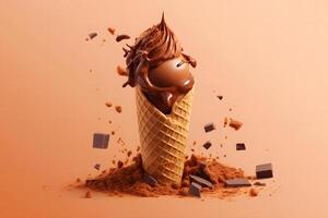 AI generated Chocolate ice cream cone ads, pouring chocolate toppings. Neural network AI generated photo