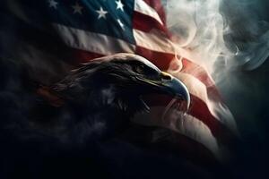 AI generated Eagle and American flag with smoke. Neural network AI generated photo