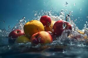 AI generated Tropical fruits fall deeply under water with a big splash. Neural network AI generated photo