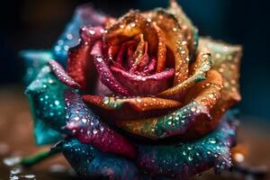 AI generated Rainbow rose with dew drops. Neural network AI generated photo