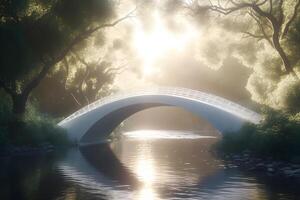 AI generated View on beautiful park in springtime with roamantic white bridge. Neural network AI generated photo