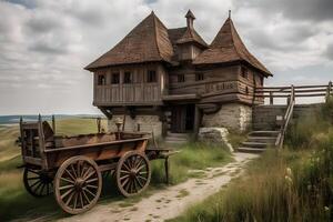 ai generado antiguo tradicional medieval europeo de madera carro en el la carretera. neural red ai generado foto