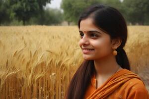 AI generated Portrait of a indian girl against the background of spikelets of wheat. Neural network AI generated photo