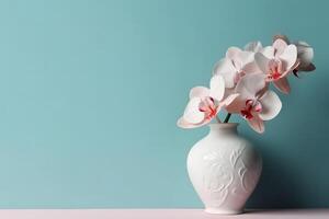 AI generated Orchid flower in a round vase. Neural network AI generated photo