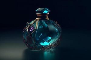 ai generado hermosa elegante perfume botella en un oscuro antecedentes. neural red ai generado foto