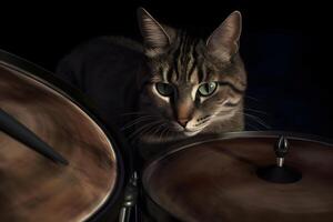 AI generated stylish cat drummer. Neural network AI generated photo