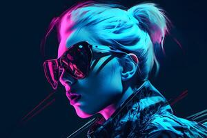 AI generated neon portrait of a girl with glasses. Neural network AI generated photo