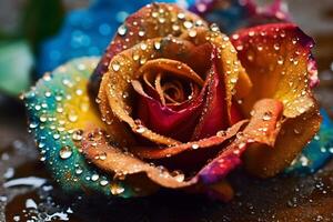 AI generated Rainbow rose with dew drops. Neural network AI generated photo