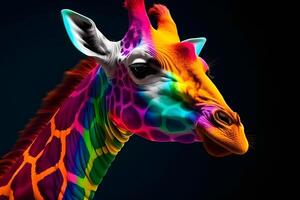 AI generated Rainbow art giraffe on a black background. Neural network AI generated photo