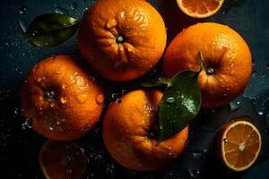 AI generated fresh orange fruits with leaves as background, top view. Neural network AI generated photo