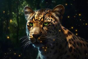 ai generado leopardo retrato cerca arriba en oscuro antecedentes. neural red ai generado foto