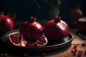 AI generated Ripe pomegranate with juicy seeds, on old wooden table. Neural network AI generated photo