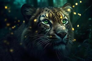 AI generated leopard portrait close up on dark background. Neural network AI generated photo