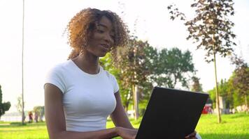 sorridente jovem africano mulher blogueiro influenciador sentar dentro parque Falando olhando às Câmera falando faço vídeo conferência ligar registro estilo de vida blog conceito video