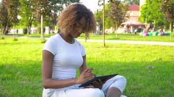 jovem africano americano mulher usando tábua dentro parque. conectados Aprendendo conceito video