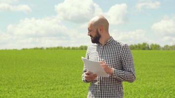 Agronomist or farmer examines soybean growth. Soybean field video