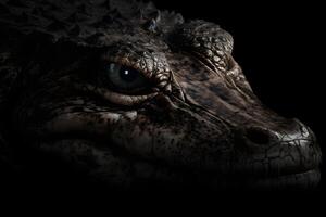 AI generated Close up view crocodile. Wild animal isolated on a black background. Neural network AI generated photo