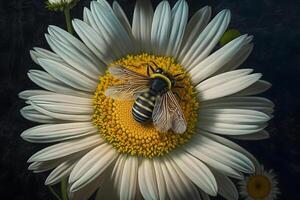 AI generated bee on chamomile closeup. Neural network AI generated photo