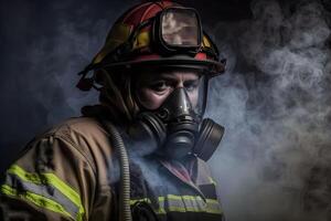 ai generado cerca arriba retrato de cara bombero vistiendo protector uniforme y un protector mascarilla. neural red ai generado foto