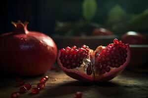 AI generated Ripe pomegranate with juicy seeds, on old wooden table. Neural network AI generated photo