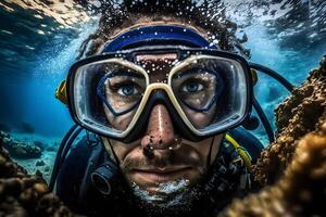 AI generated Male scuba diver underwater. Neural network AI generated photo