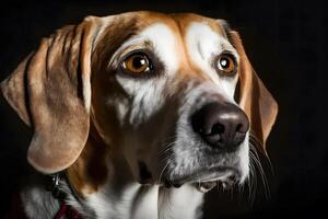 ai generado beagle perro en retrato en contra negro antecedentes. neural red ai generado foto