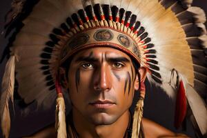 AI generated native Americans. portrait of Americans Indian man. Neural network AI generated photo