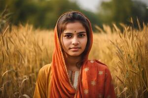 AI generated Portrait of a indian girl against the background of spikelets of wheat. Neural network AI generated photo