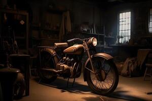 AI generated Old vintage motorcycle in the garage. Neural network AI generated photo