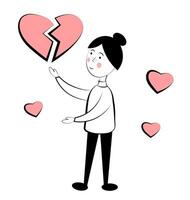 A girl with a broken heart on a white background. Relationship breakdown vector