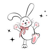 Rabbit with bow on white background. Doodle vector