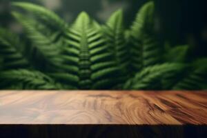 AI generated Jungle table background. Interior table for a cosmetic item against the backdrop of tropical plants, palms and jungle. Neural network AI generated photo