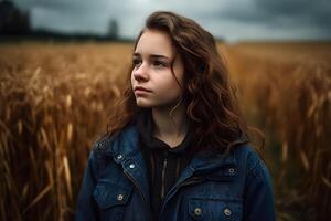 AI generated Portrait of a girl against the background of spikelets of wheat. Neural network AI generated photo