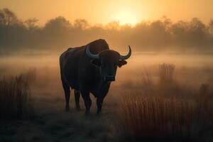 AI generated Bull in the wild, Landscape with sunset or sunrise. Neural network AI generated photo