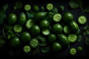 AI generated Fresh background with a set of cucumbers. Neural network AI generated photo