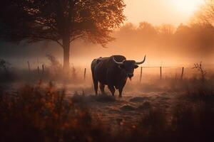 ai generado toro en el salvaje, paisaje con puesta de sol o amanecer. neural red ai generado foto