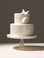 AI generated White wedding two-tier cake decorated with sugar butterflies. AI-generated content. photo