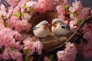 AI generated Two cute chicks in a nest and spring flowers. Spring background. photo