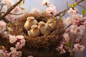 AI generated Four cute yellow chicks in a nest and spring flowers. Spring background. photo