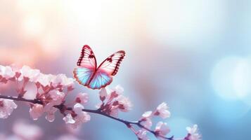 AI generated Spring background. Cherry blossom and butterfly. AI-generated content. photo