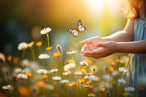 ai generado verano primavera floral antecedentes. un mariposa revolotea en flores generado por ai contenido foto