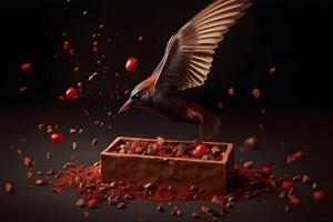 AI generated Bird and piece of dark chocolate on cocoa powder. Neural network AI generated photo