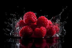 AI generated Raspberries and water splash on dark background. Neural network AI generated photo