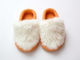 AI generated White fluffy comfortable home slippers on a white background top view. AI-generated content photo