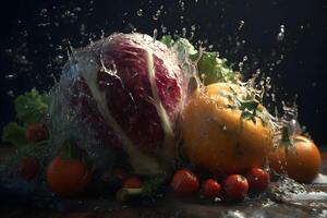 AI generated Vegetables splash in water on black background. Neural network AI generated photo