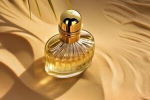 AI generated A bottle of perfume on the seashore is enveloped in a wave. Yellow sand on the beach, marine cosmetics and fragrance. Neural network AI generated photo